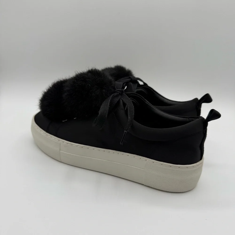J/SLIDES Faux Fur Pom Pom Satin Platform Lace-Up Black Women’s Sneakers Size 7 - Picture 9 of 14